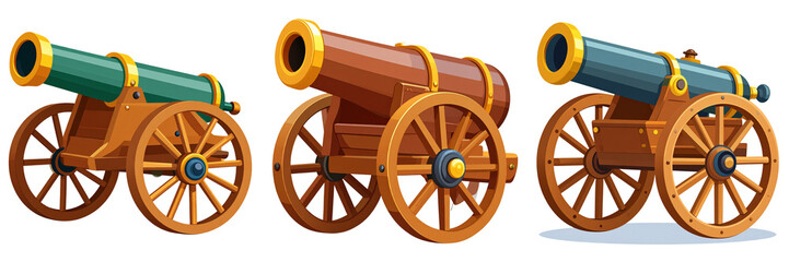 Set Of Flat Vector Cannon Icon with Simplified Silhouette and Bold Colors, Transparent Background