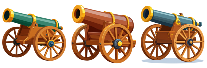 Set Of Flat Vector Cannon Icon with Simplified Silhouette and Bold Colors, Transparent Background