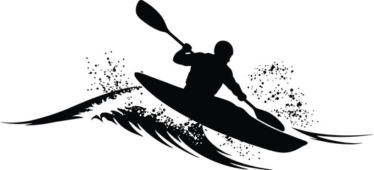 Kayaker Paddling Through Waves Silhouette on Transparent Background