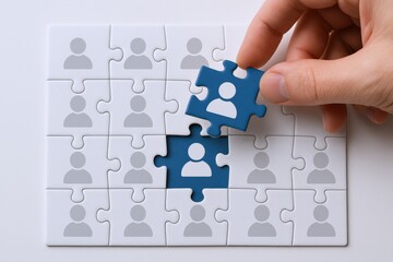Completing a Team: Hand Placing Blue Puzzle Piece with Person Icon into Jigsaw Puzzle