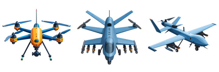 Set Of Flat Vector Combat Drone Icon with Simplified Shape and Bold Colors, Transparent Background