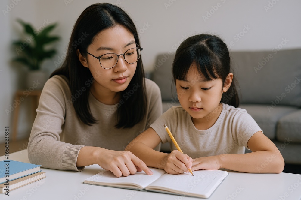 Poster dedicated asian tutor assisting elementary student with homework and learning concepts at a table in