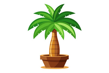 Obraz premium Vibrant green palm tree in a terracotta pot, a symbol of tropical getaways and serene vacation vibes, perfect for travel and lifestyle designs.