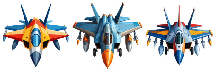 Set Of Flat Vector Fighter Jet Icon with Bold Colors and Simplified Silhouette, Transparent Background