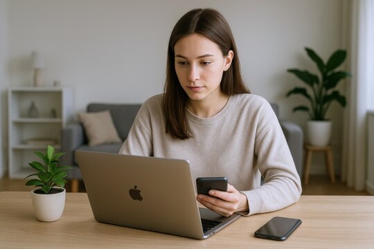 Focused young woman working remotely from home using a laptop and smartphone for communication
