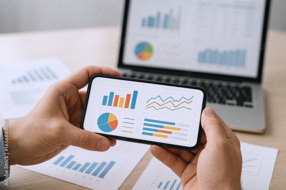 Poster analyzing financial data on mobile device with laptop and documents displaying charts and graphs