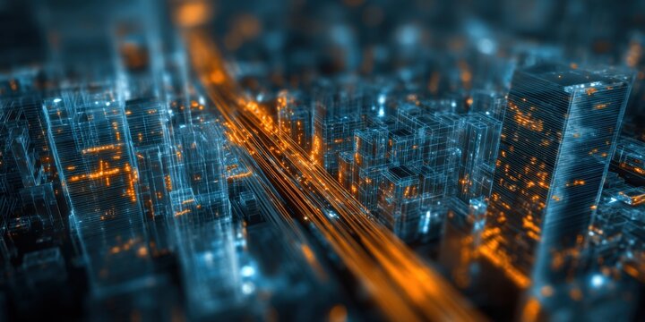 Abstract futuristic city with glowing lines, representing data streams and digital connectivity in a modern landscape