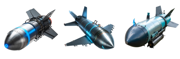 Set Of Futuristic Concept Nuclear Bomb Design with Metallic Texture, Transparent Background