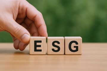 Hand Arranging Wooden Blocks Spelling ESG (Environmental, Social, Governance) on a Table, Symbolizing Sustainable Business Practices