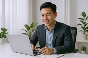 Fototapeta premium Smiling Asian Businessman Working on Laptop in Bright Modern Office Environment