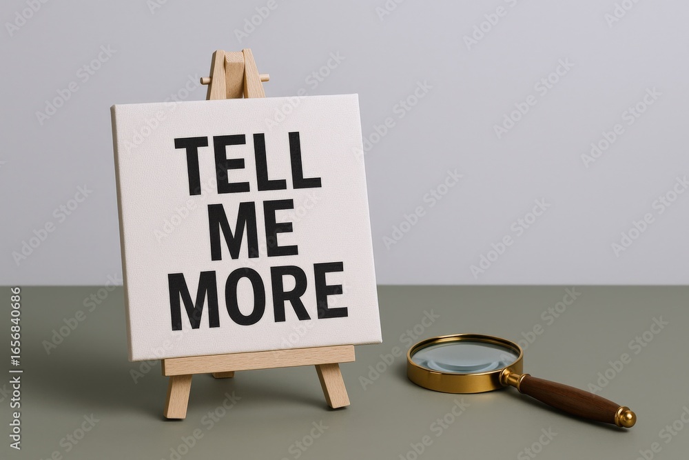 Poster tell me more concept: easel displaying text with magnifying glass for information discovery