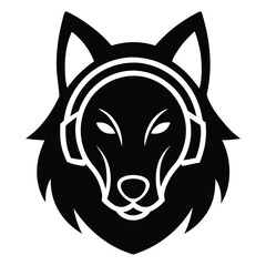 Black wolf head with white outline wearing headphones graphic animal illustration