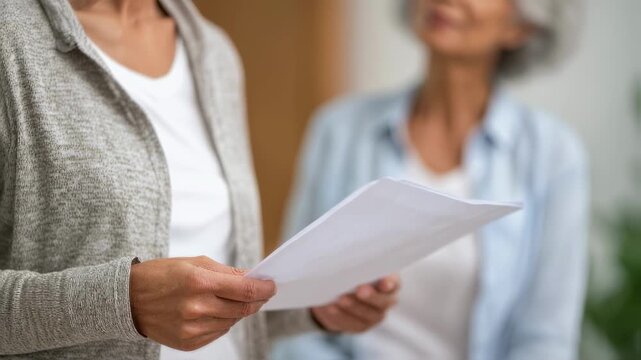 Heartfelt medium shot showing a daughter presenting medical documents to her mother the focus on the daughters tense hands clutching the report mother blurred in the background.