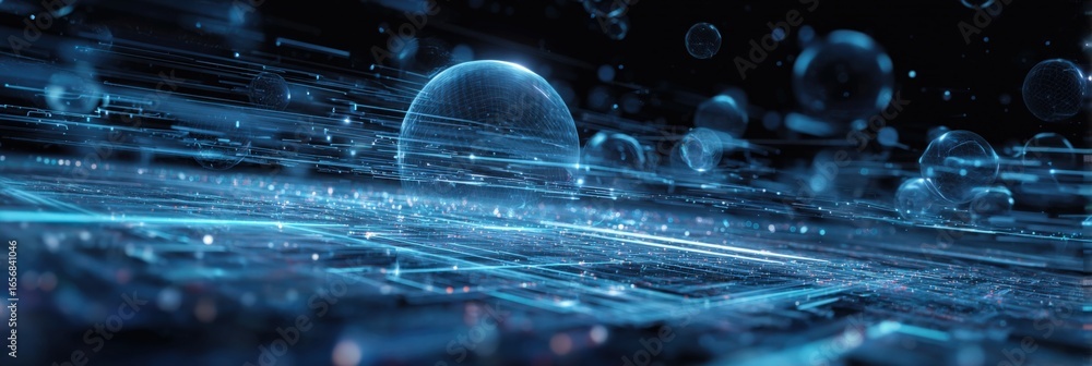 Poster abstract technology background with floating spheres and interconnected lines in blue tones
