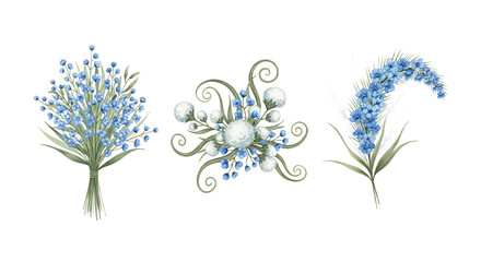 Delicate Forget Me Not Flowers and Elegant Jewelry Floral Design Set Vector Illustration