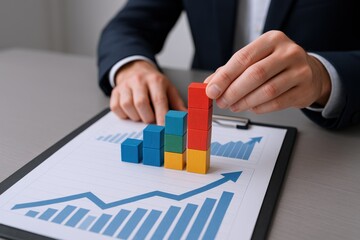 Hands Arranging Colorful Wooden Blocks on Rising Graph, Representing Business Growth and Strategy, Financial Success