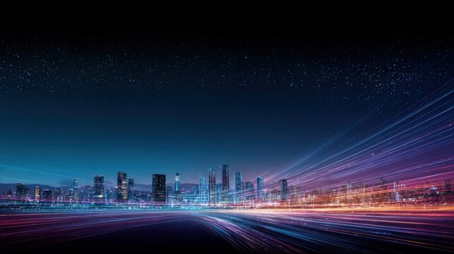 Futuristic Cityscape at Night with Light Streaks: Modern Urban Technology and Innovation Concept