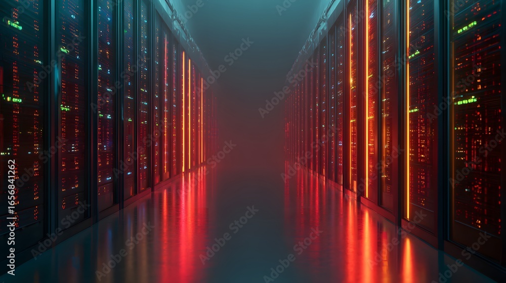 Aufkleber servers glowing in a dark corridor. data center showing lights of computers with red neon glow.