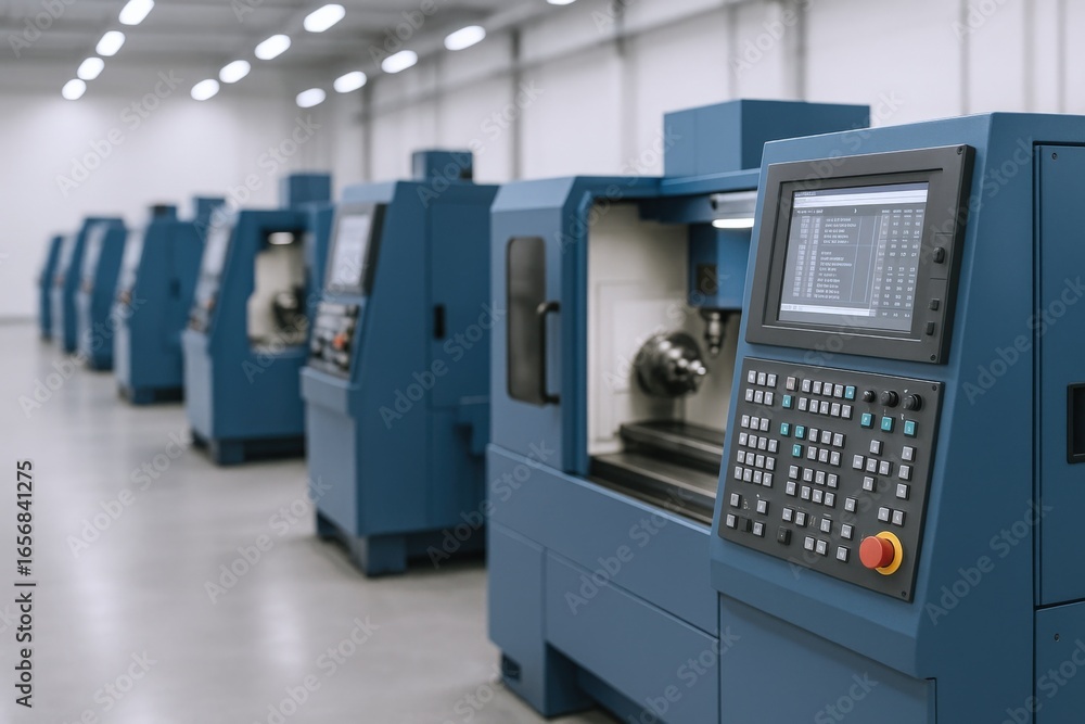 Poster precision cnc lathe machines in manufacturing facility: modern technology and automated production l