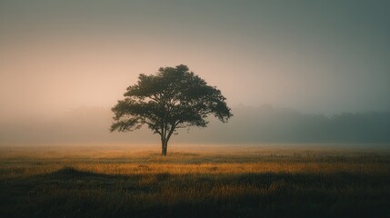 Obraz premium A solitary tree standing in a vast foggy meadow at dawn, soft golden light breaking through mist, capturing peaceful isolation and inner calm, photorealistic, muted colors
