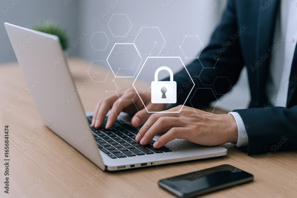 Poster cybersecurity professional typing on laptop with digital lock icon overlay for data protection and p