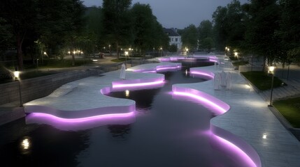 Modern urban water features with illuminated walkways, creating a serene and tranquil evening scene.