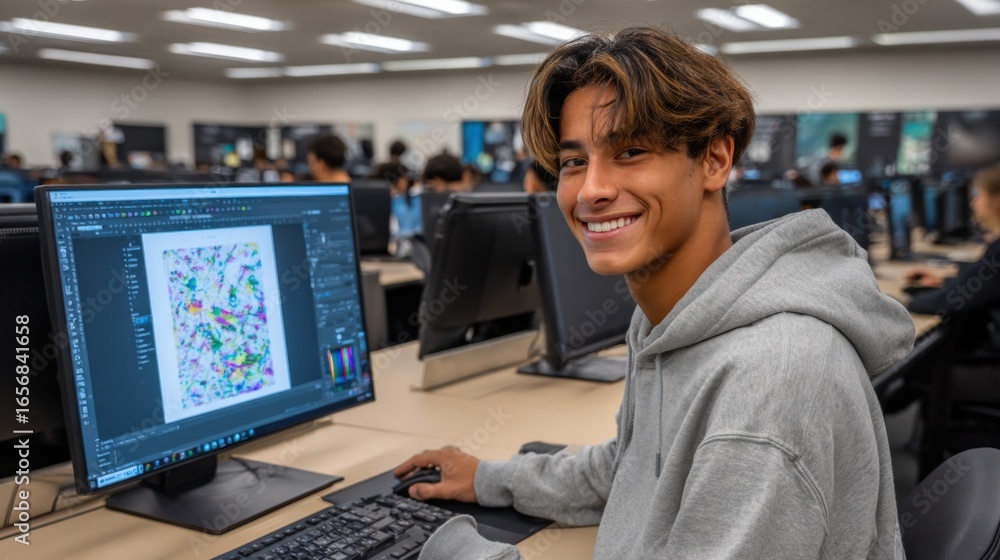 Poster smiling young man designs graphics on computer in a modern office setting