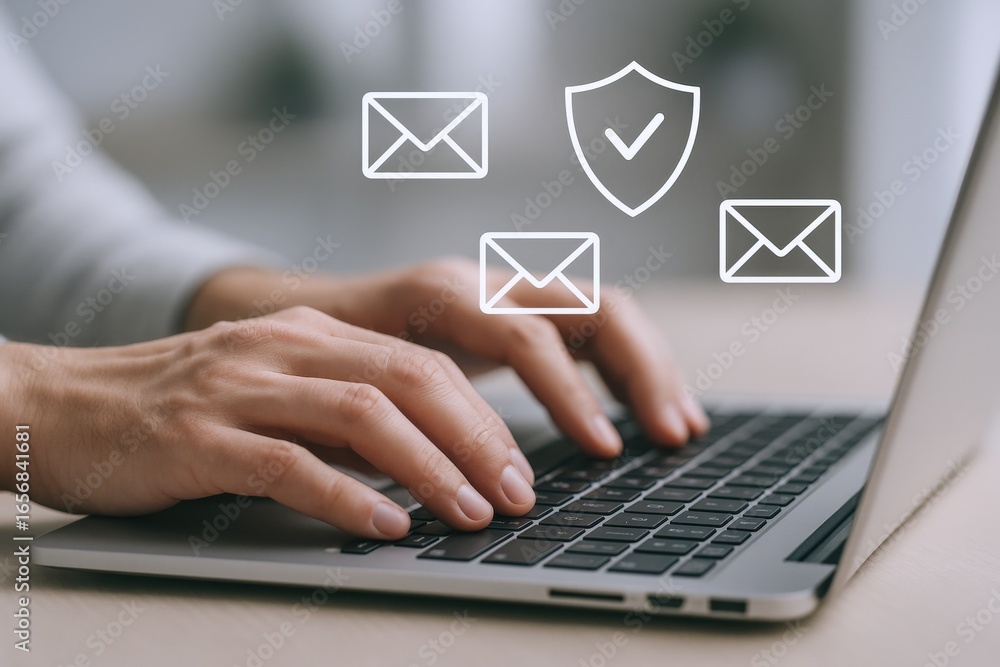 Poster email security concept: hands typing on laptop with security shield and message icons