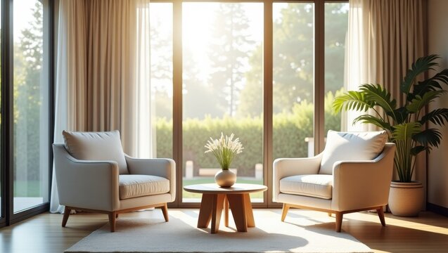 Sunlit Serenity Two Armchairs Round Table Indoor Plants Home Interior Design