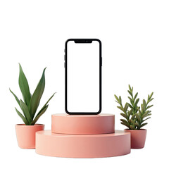 Smartphone displayed on tiered pedestals with potted plants.