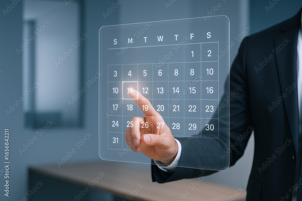 Poster businessman interacting with digital calendar interface for scheduling and appointment management in