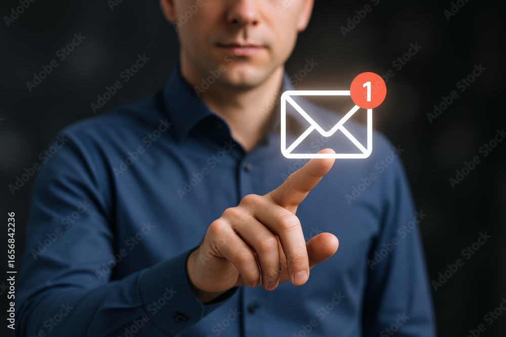 Aufkleber man touching email icon with red notification, conceptual image of online communication and notifica
