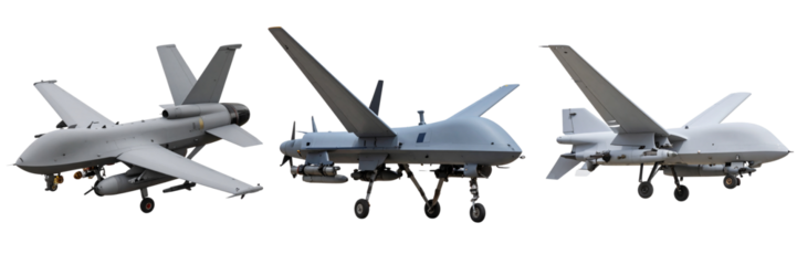 Set Of Modern Combat Drone Side View with Mounted Missiles, Transparent Background