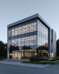 Fototapeta premium Modern Office Building Exterior with Glass Facade at Dusk, Showcasing Contemporary Architectural Design