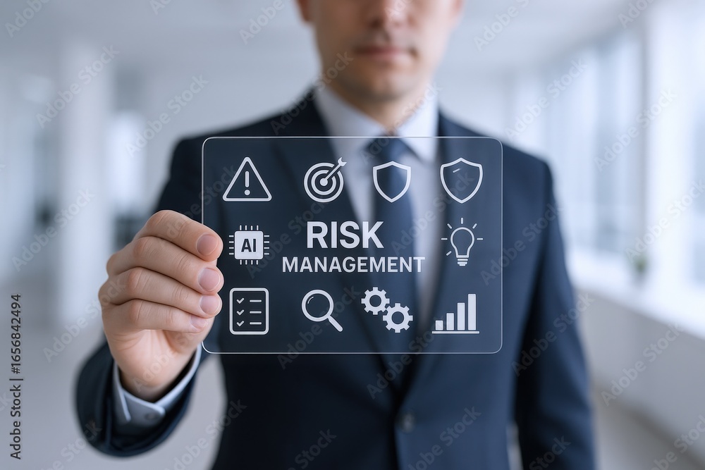 Poster risk management concept: businessman holding transparent screen displaying icons representing elemen