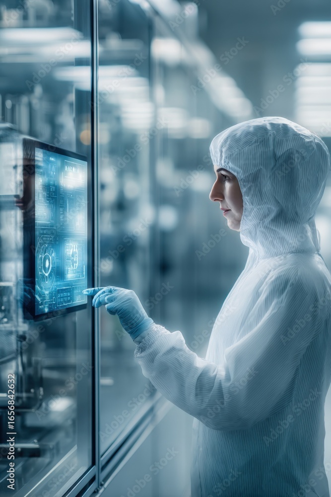 Poster scientist in cleanroom analyzing data on a digital interface, conducting research and quality contro