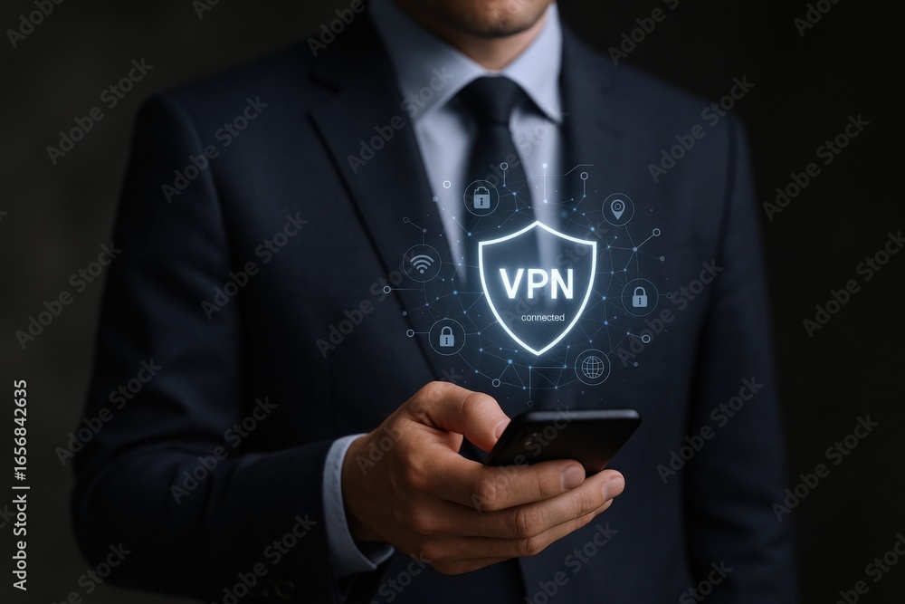 Poster vpn security: businessman using a mobile device with a virtual private network for cybersecurity pro