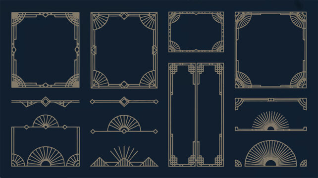 A comprehensive collection of elegant Art Deco geometric frames, ornate borders, and decorative design elements for vintage-inspired projects and luxurious aesthetics. - Powered by Adobe
