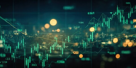 Financial Market Chart Analysis with Candlestick Patterns Overlayed on Abstract Cityscape Background