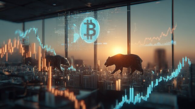 Bitcoin Bear Market Illustration with Bear Silhouette, Graph Charts and Urban Cityscape Background