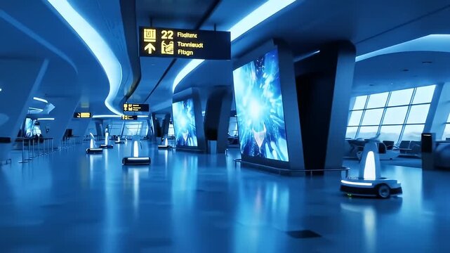 Futuristic Airport Terminal with Autonomous Robots Guiding Passengers, Modern Airport Interior with Automated Services and Information Displays