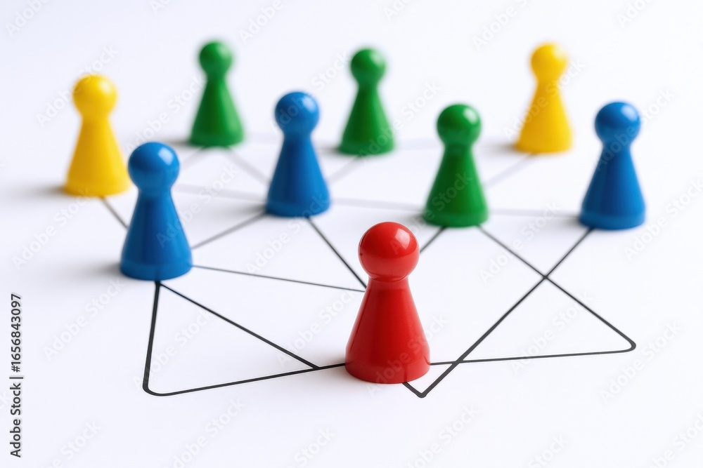 Poster conceptual network connection with game pieces representing teamwork, leadership, and interconnected