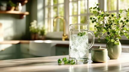 A beautifully arranged pitcher filled with ice water sits on a kitchen counter, symbolizing freshness, comfort, and the essence of home in a cozy, sunlit environment.