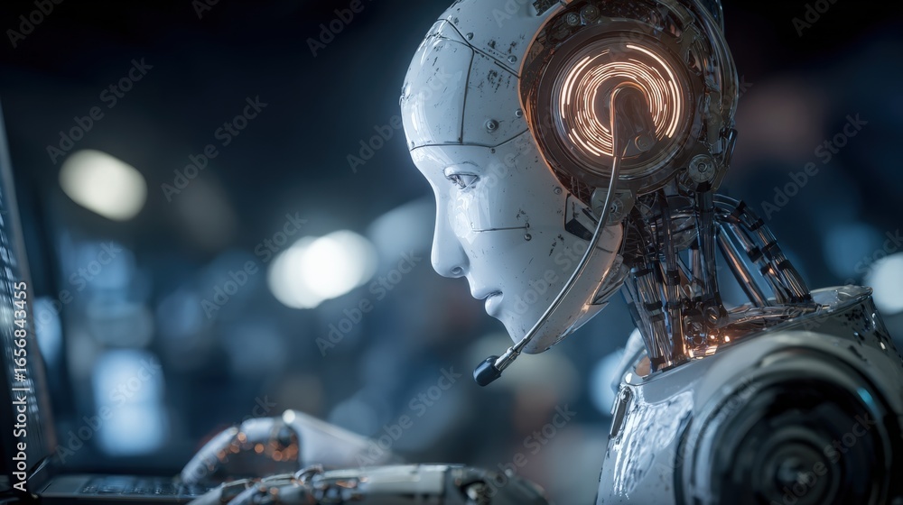 Aufkleber futuristic ai customer support robot working on laptop, concept of artificial intelligence and techn