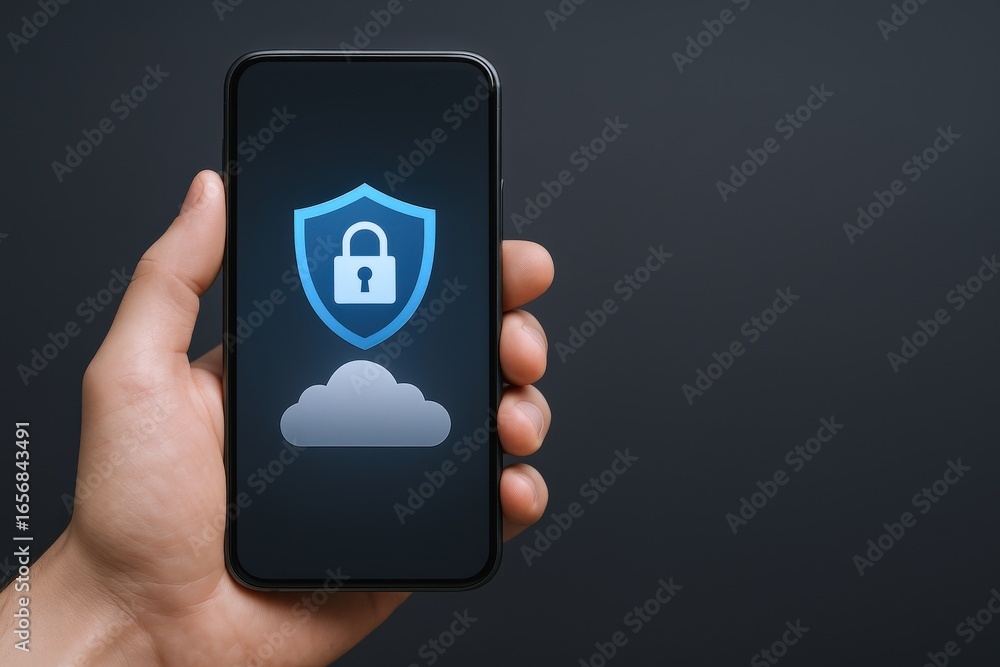Poster cloud security on mobile device: shield and lock icon displayed on smartphone screen