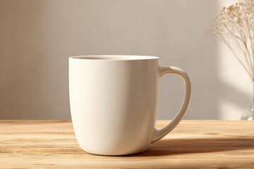 Fototapeta premium Elegant Ceramic Mug Mockup on Wooden Surface with Natural Light and Minimalist Aesthetic