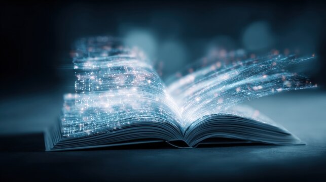 Open Book with Digital Stream Overlay: Knowledge, Imagination, and Future Tech Concept