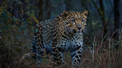 Fototapeta premium In the fading light of dusk, an Amur Leopard emerges from dense brush