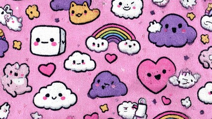 Fototapeta premium Cute Kawaii Pattern on Pink
