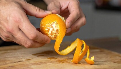 Orang peel: Expert hands delicately peel an orange, revealing a vibrant spiral of zest, showcasing the art of culinary preparation.